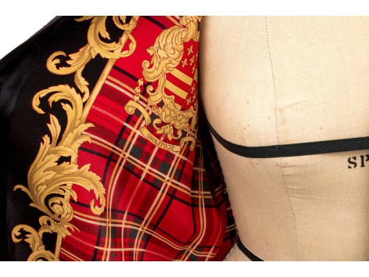 Escada Vintage Red, Black And Gold Scottish Plaid Silk Blouse, Size 40