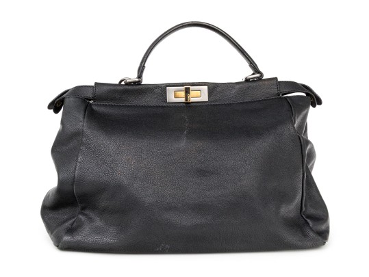 Fendi Extra Large Black Leather Twist Lock Top Handle Bag, With Strap