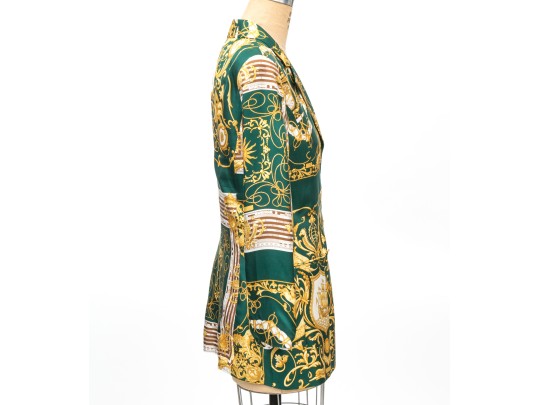 Louis Feraud Fabulous Green, Gold And White Ornate Silk Blazer, Size 12