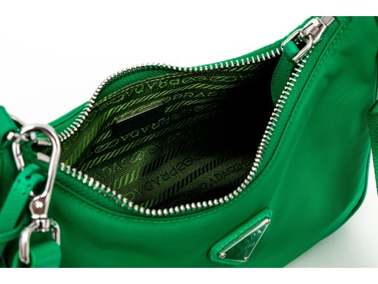 Prada Re-Edition 2005 Green Nylon Shoulder Bag With Logo Strap & Mini Pouch