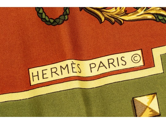Hermes Classic Key Motif Green And Brown Toned Silk Scarf, With Box