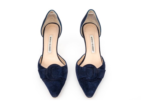Manolo Blahnik Lovely Blue Suede Buckle Motif Pumps, Size 41