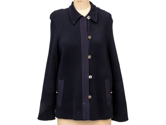 Salvatore Ferragamo Navy Blue Knit Wool Button Front Sweater, Size M