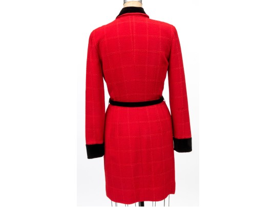 Valentino Boutique Long Red Windowpane Style Jacket With Velvet Collar And Belt, No Size Tag