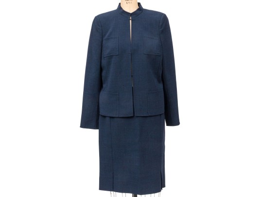 Akris Blackish Blue Wool Mandarin Collared Skirt Suit, Size 10