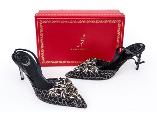 Rene Caovilla Stunning Black And Silver Rhinestone Slingbacks, Size 41, With Box