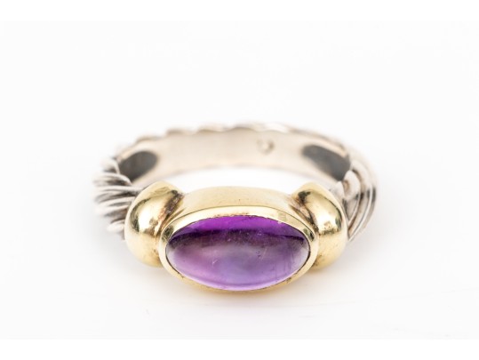 David Yurman Sterling Silver And 14k Yellow Gold Amethyst Cabachon Cable Ring, Size 5.75