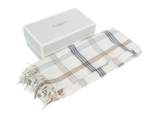 Mark & Graham Ivory, Grey And Tan Plaid Fringed Cashmere Scarf, With Box