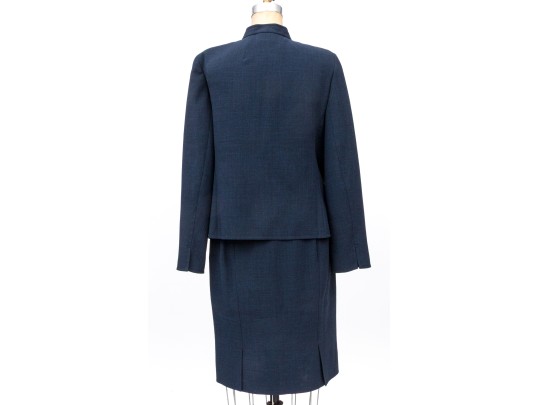 Akris Blackish Blue Wool Mandarin Collared Skirt Suit, Size 10
