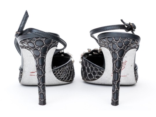Rene Caovilla Stunning Black And Silver Rhinestone Slingbacks, Size 41, With Box