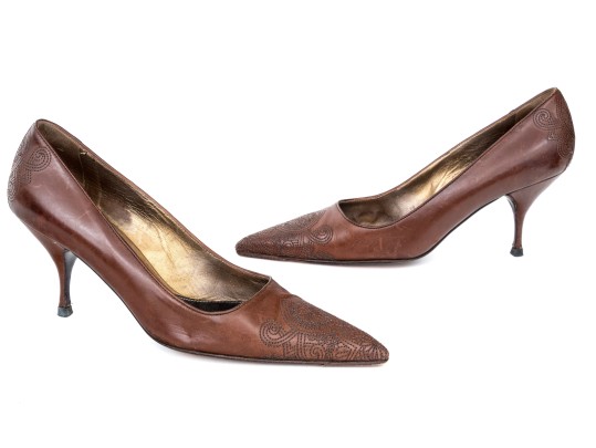 Prada Unique Brown Embroidered Leather Pumps, Size 41