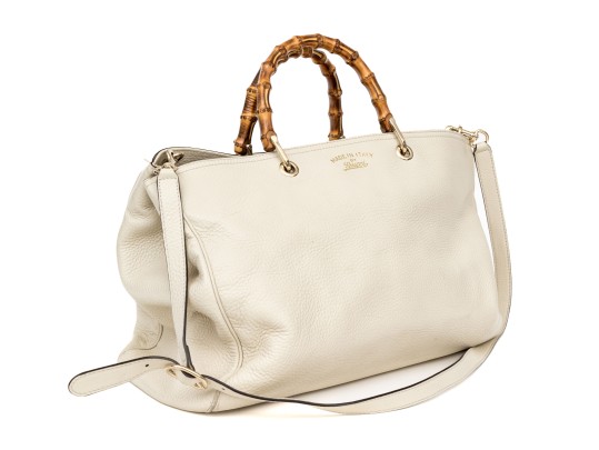 Gucci Ivory Leather Bamboo Handle Shopper, With Removable Crossbody Strap