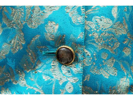 Emanuel Ungaro Vintage Turquoise And Gold Brocade Jacket And Skirt Suit, Size 10