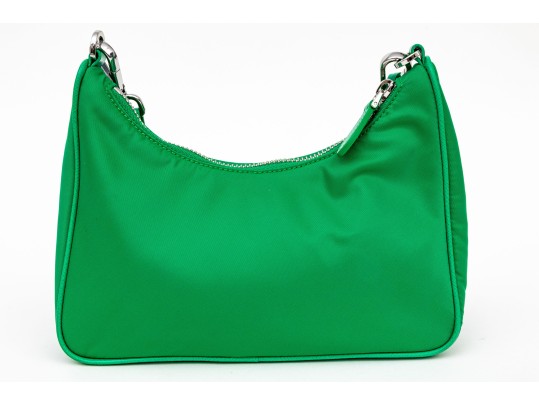 Prada Re-Edition 2005 Green Nylon Shoulder Bag With Logo Strap & Mini Pouch