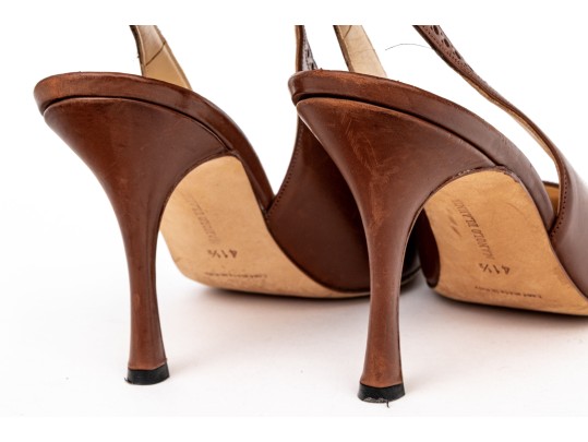 Manolo Blahnik Classic Brown Leather Wingback Style Slingbacks, Size 41 1/2