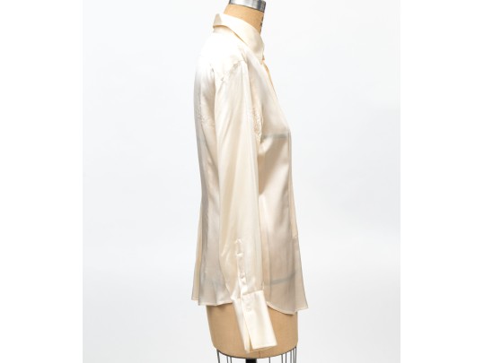 Ralph Lauren Black Label Lovely Ivory Silk Tuxedo Motif Blouse, Size 10