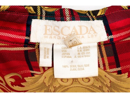 Escada Vintage Red, Black And Gold Scottish Plaid Silk Blouse, Size 40