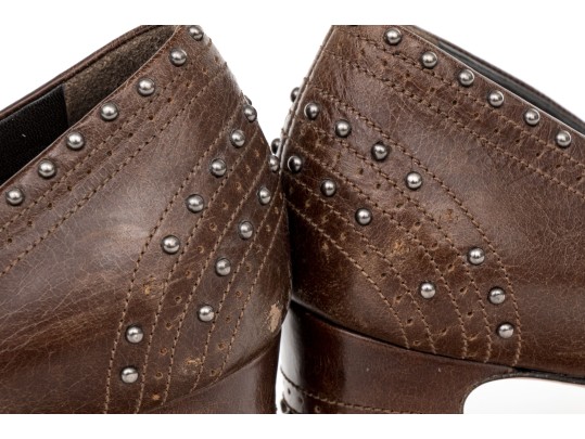 Prada Edgy Studded Brown Leather Wingback Pumps, Size 41