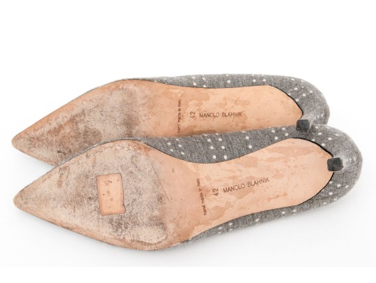 Manolo Blahnik Fun Grey And Off White Fabric Pumps, Size 42