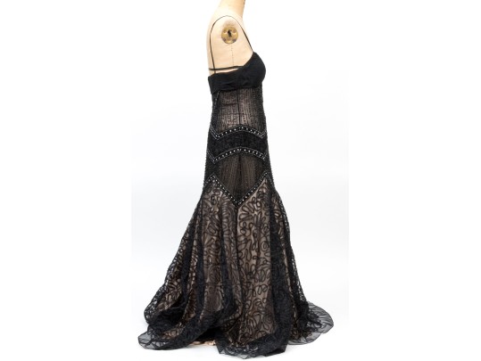 Sue Wong Magnificent Bedazzled Black Lace And Nude Overlay Floor Length Gown, Size 12