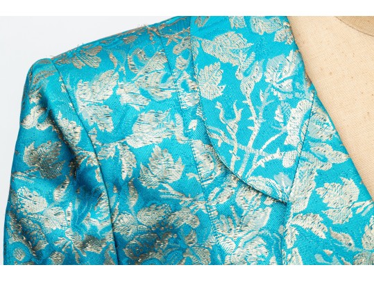 Emanuel Ungaro Vintage Turquoise And Gold Brocade Jacket And Skirt Suit, Size 10