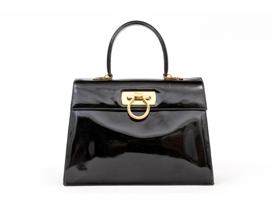 Ferragamo Handsome Black Patent Leather Top Handled Bag