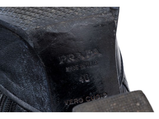 Prada Black Leather Chunky Heeled Zip Up Ankle Boots, Size 40