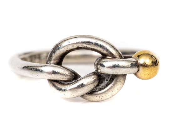 Tiffany & Co. Sterling Silver And 18k Striking Knot And Ball Style Ring, Size 6.75-