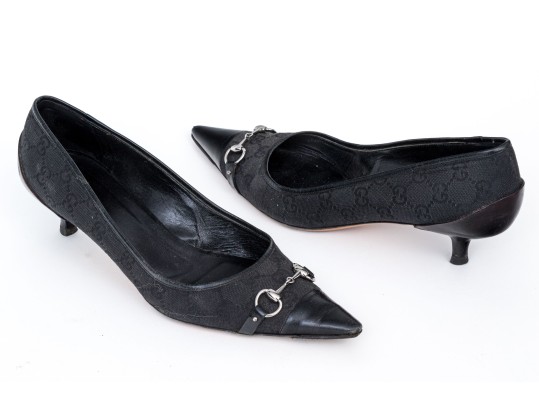 Gucci Black Logo Fabric And Leather Kitten Heel Pumps With Silver-tone Horsebit, Size 10 1/2B