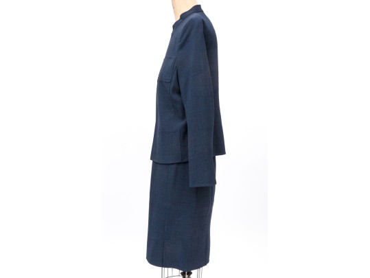 Akris Blackish Blue Wool Mandarin Collared Skirt Suit, Size 10