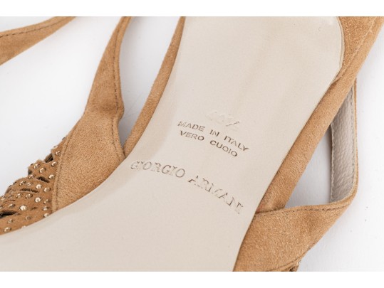 Giorgio Armani Lovely Pierced Tan Suede And Rhinestone Slingbacks, Size 40 1/2