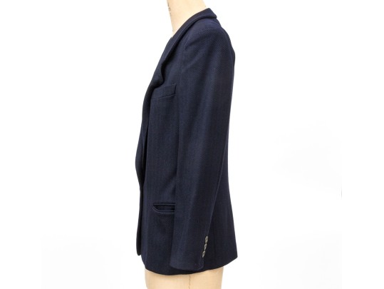 Giorgio Armani Vintage Black Label Blue Black Wool Herringbone Button Front Blazer, Size 42