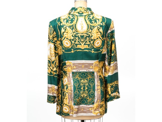 Louis Feraud Fabulous Green, Gold And White Ornate Silk Blazer, Size 12