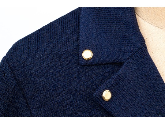 St. John Collection Navy Blue Button Front Long Knit Blazer, Size 4