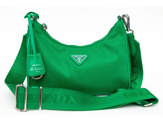 Prada Re-Edition 2005 Green Nylon Shoulder Bag With Logo Strap & Mini Pouch