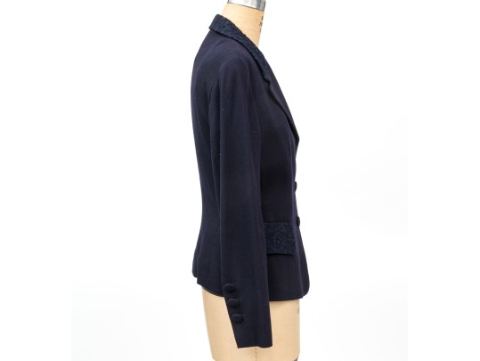 Escada Elements Vintage Navy Blue Lace Paneled Jacket And Dress Suit, Size 40