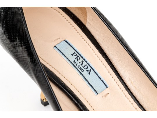 Prada Unusual Black Saffiano Leather Gold Tone Heeled Pumps, Size 41