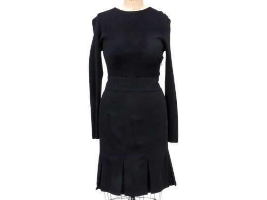 Valentino Miss V. Black Wool Knit And Pleated Long Sleeved Dress