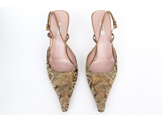 Prada Beautiful Lace, Fabric And Leather Slingback Pumps, Size 40