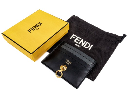Fendi Black Stud And Hook Motif Credit Card Holder, With Box