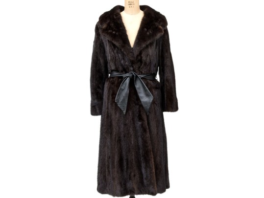 Striking Dark Brown Collared And Bellted Long Fur Coat