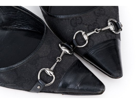 Gucci Black Logo Fabric And Leather Kitten Heel Pumps With Silver-tone Horsebit, Size 10 1/2B