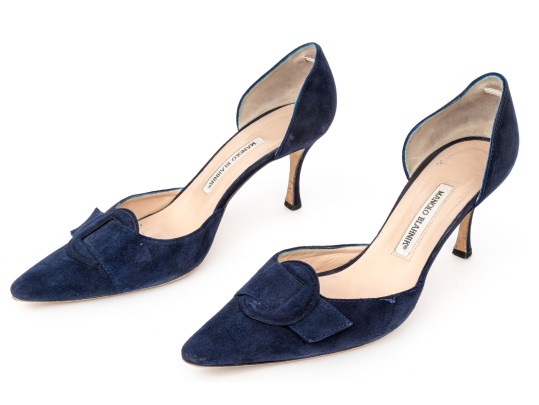 Manolo Blahnik Lovely Blue Suede Buckle Motif Pumps, Size 41