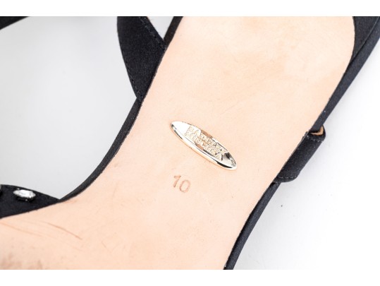 Badgley Mischka Stunning Black Satin And Rhinestone Peep Toe Stiletto Slingbacks, Size 10