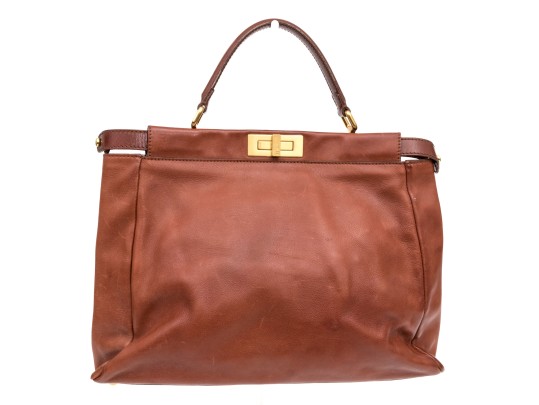 Fendi Brown Leather Structured Double Sided Twistlock Top Handle Tote