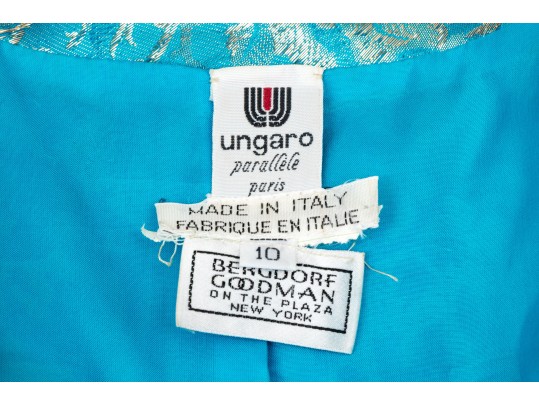 Emanuel Ungaro Vintage Turquoise And Gold Brocade Jacket And Skirt Suit, Size 10