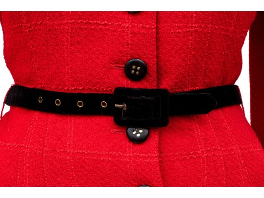 Valentino Boutique Long Red Windowpane Style Jacket With Velvet Collar And Belt, No Size Tag