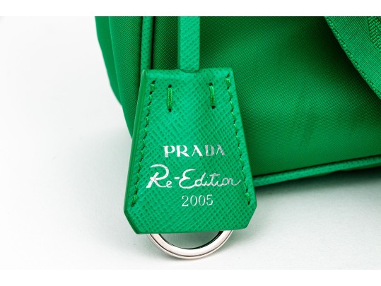 Prada Re-Edition 2005 Green Nylon Shoulder Bag With Logo Strap & Mini Pouch