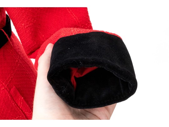 Valentino Boutique Long Red Windowpane Style Jacket With Velvet Collar And Belt, No Size Tag