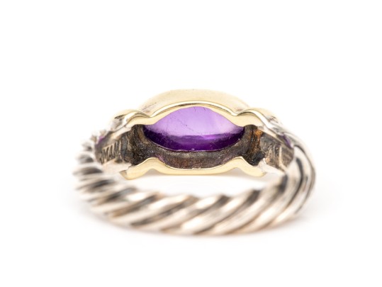 David Yurman Sterling Silver And 14k Yellow Gold Amethyst Cabachon Cable Ring, Size 5.75